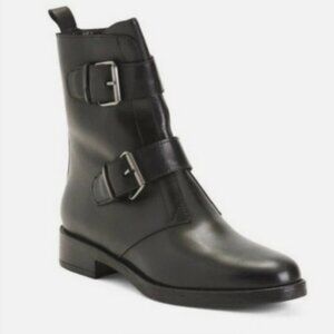 Emanuele Crasto Double Buckle Moto Boots Black Italian Leather Women 8/38 NWT